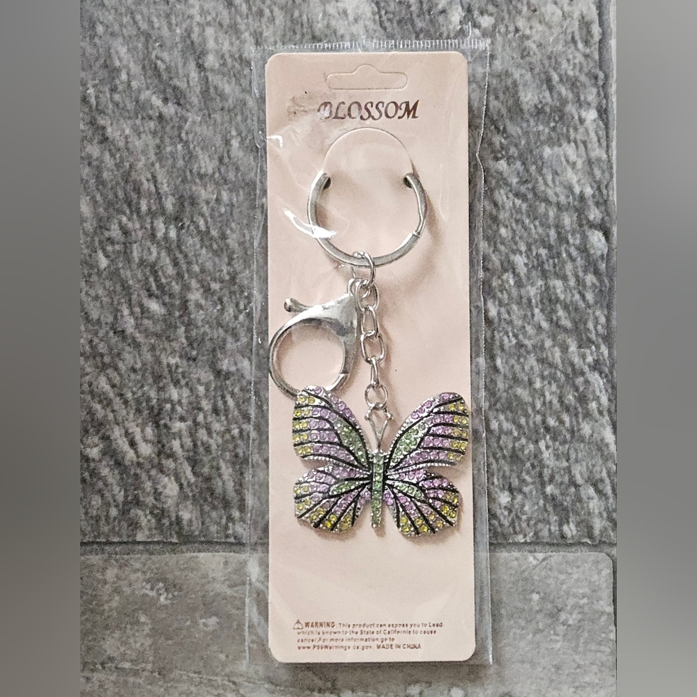 Multicolor Rhinestone Butterfly Keychain With Clasp In Silver BNIB - Picture 3 of 10